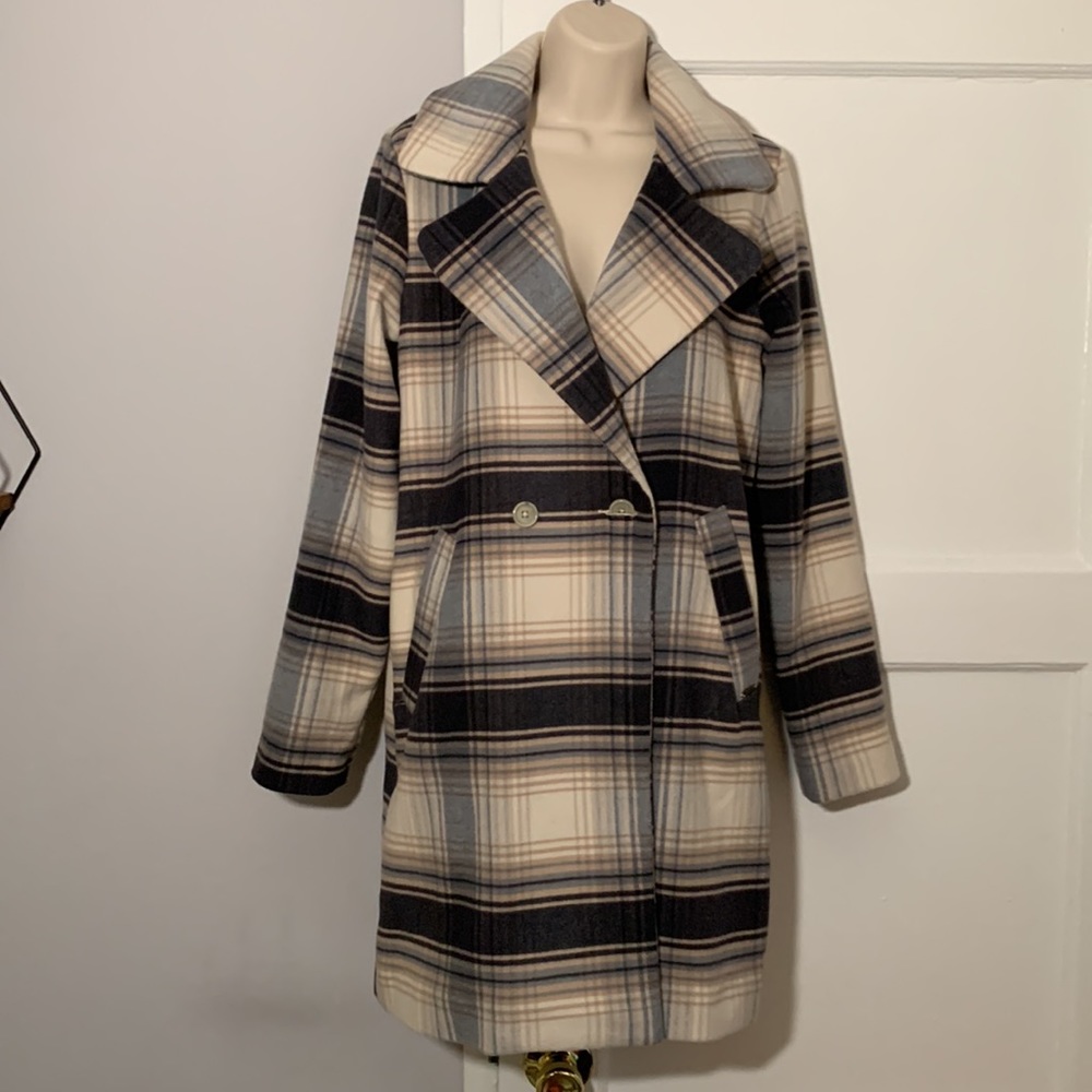 Hollister Plaid Long Coat Blue Cream White Trench Jacket Peacoat